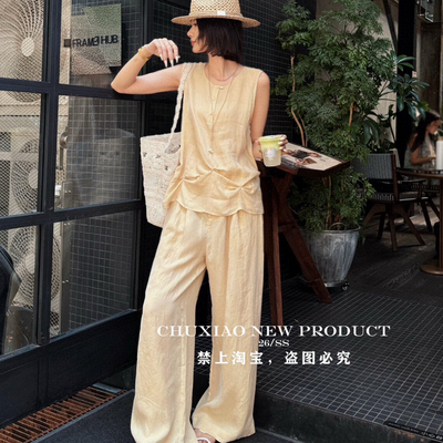 26夏上新！100%天丝法式V领无袖抽褶设计感上衣+阔腿裤两件套套装