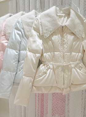 冬上新赫本风珍珠翻领中长保暖羽绒服外套(配腰带)