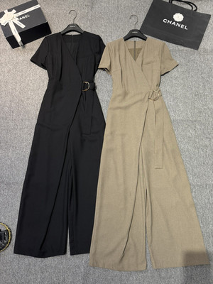 夏上新！高级时尚大气V领短袖一体式交叉腰带设计女神气质连体裤