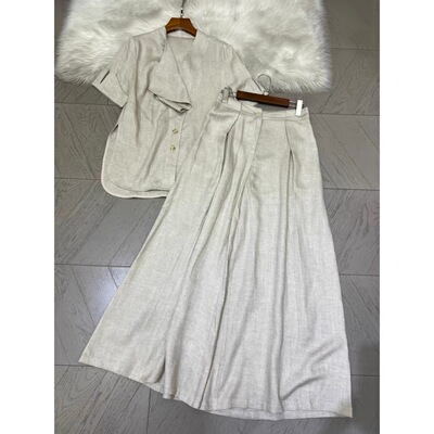 夏上新！设计感酵洗纯亚麻设计感上衣+裙裤两件套套装(配腰带)