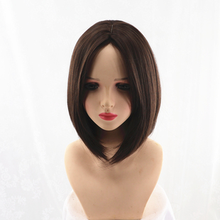 八字刘海中分波波头假发女全头套冷棕色深棕色内扣假发主播wigs