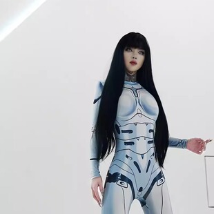 博朋克机械姬cos假发黑色长直发齐腰舞蹈性感长直发黑色演出假发