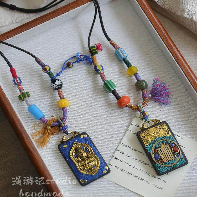 原创设计个性手作藏风编绳黑檀木吊坠唐卡牌子招财项链百搭藏饰品