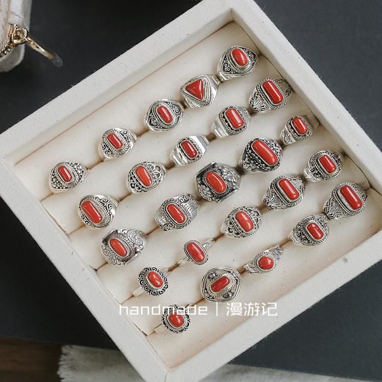 尼泊尔纯银s925深海红宝石戒指指环开口西藏民族复古饰品男女礼物