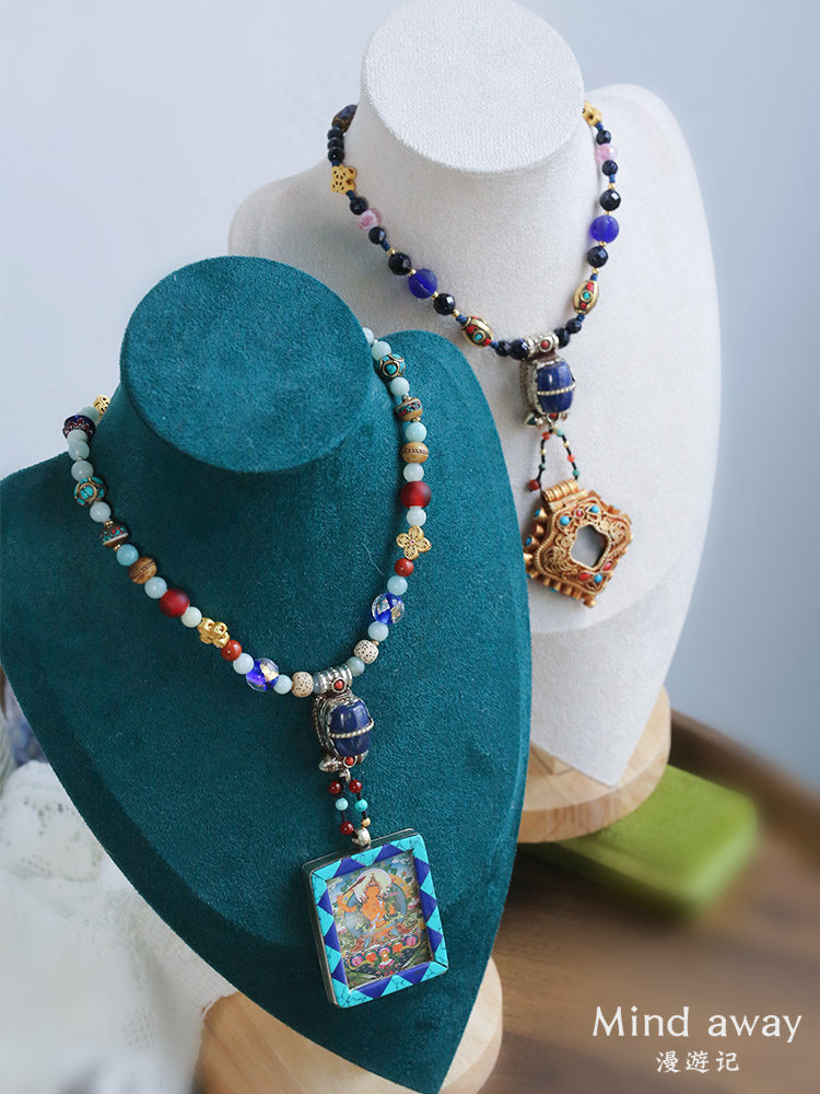 原创设计佛牌链子蓝砂石青金石星月菩提唐卡项链女编织个性项链