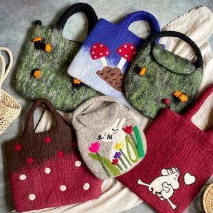 工厂店尼泊尔百搭手提包通勤猫咪波点森系蘑菇苔藓毛毡包包手拎包