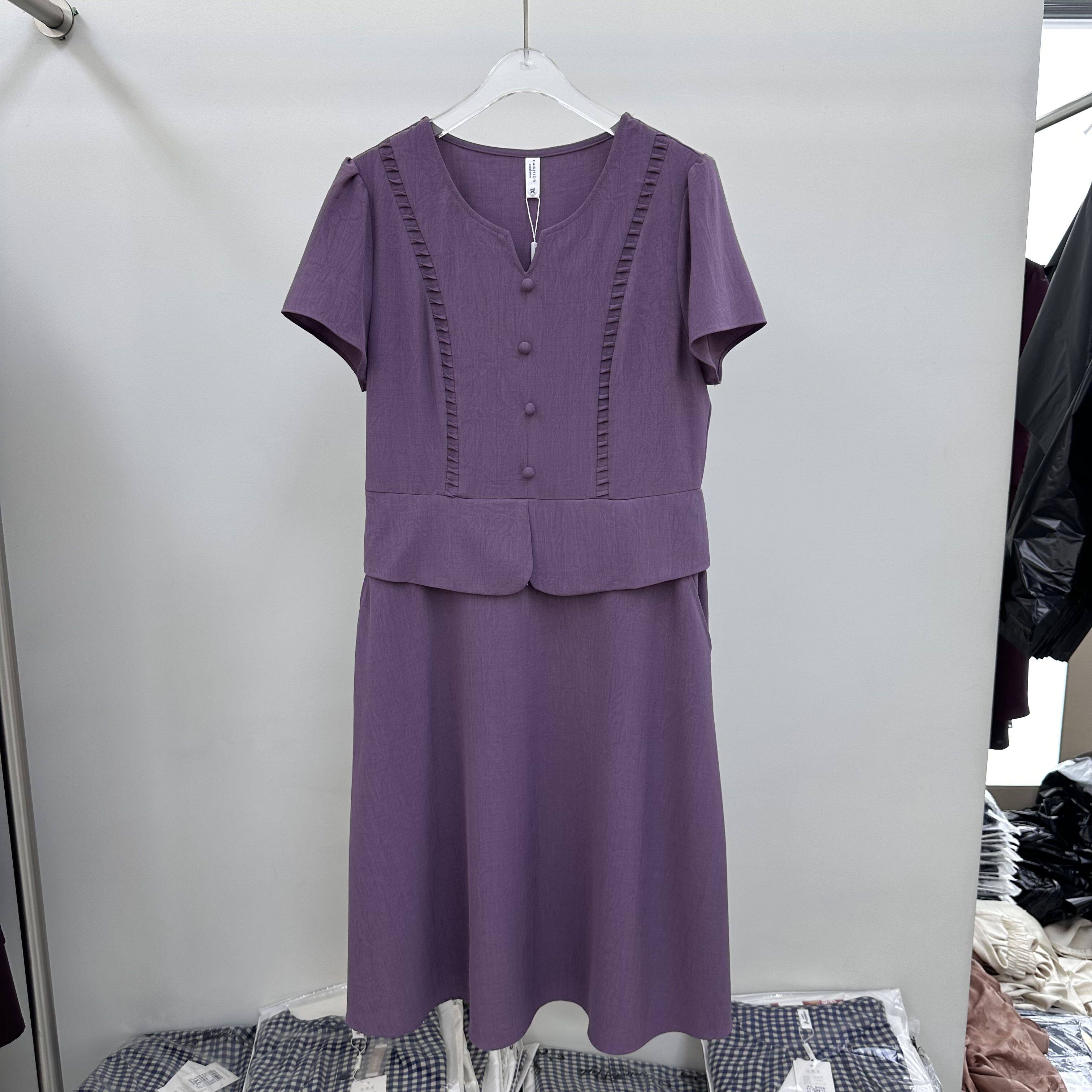 2026A-22专柜正品新款夏季女装时尚拼接短袖雪纺透气妈妈装连衣裙