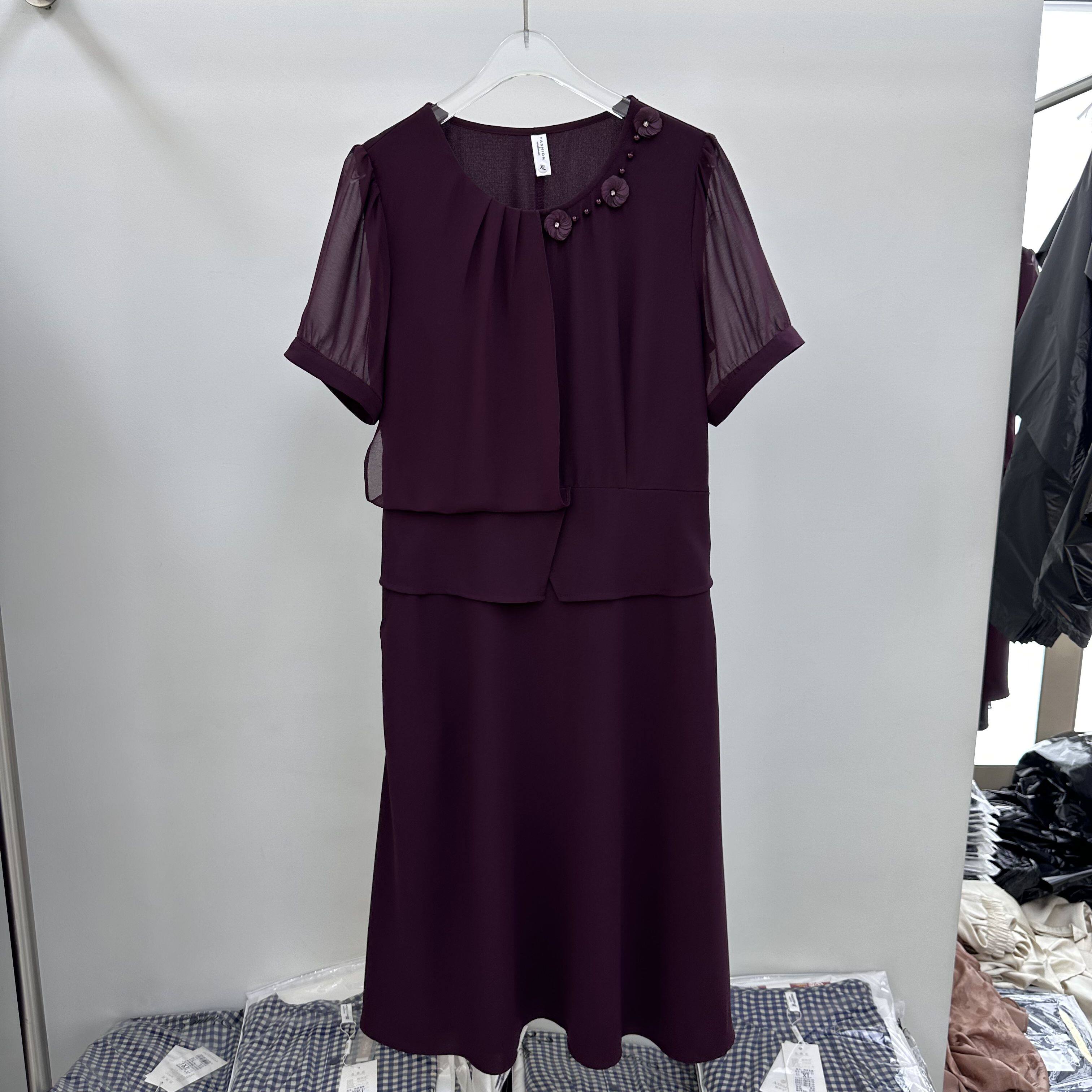 2026A-35专柜正品新款夏季女装时尚圆领短袖中长拼接雪纺连衣裙35