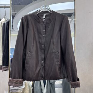 新款 圆领格子袖 春季 时尚 拼接打底短外套皮衣08 女装 26A08专柜正品