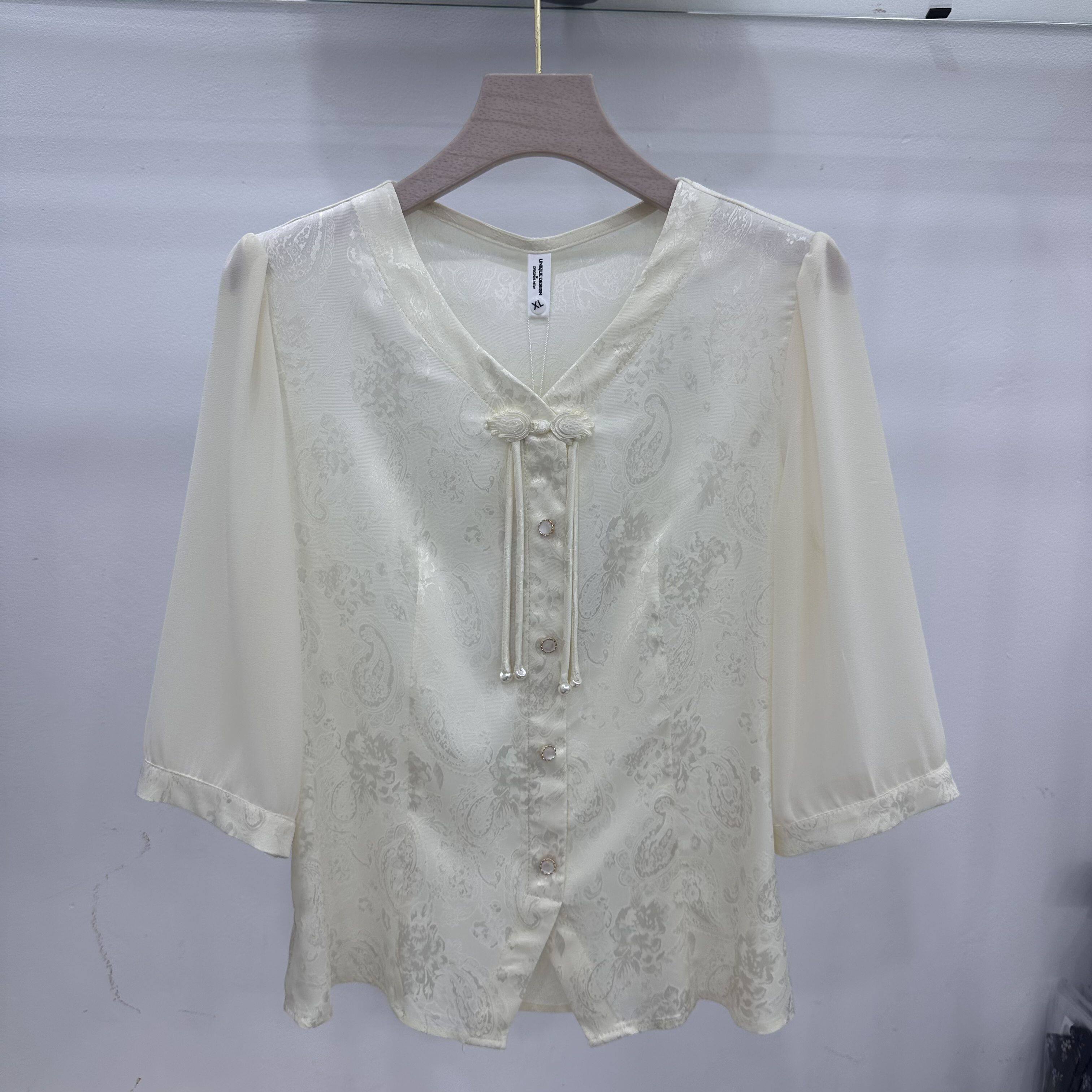 707专柜正品新款夏季女装时尚V领七分袖大码妈妈装打底衬衫上衣07