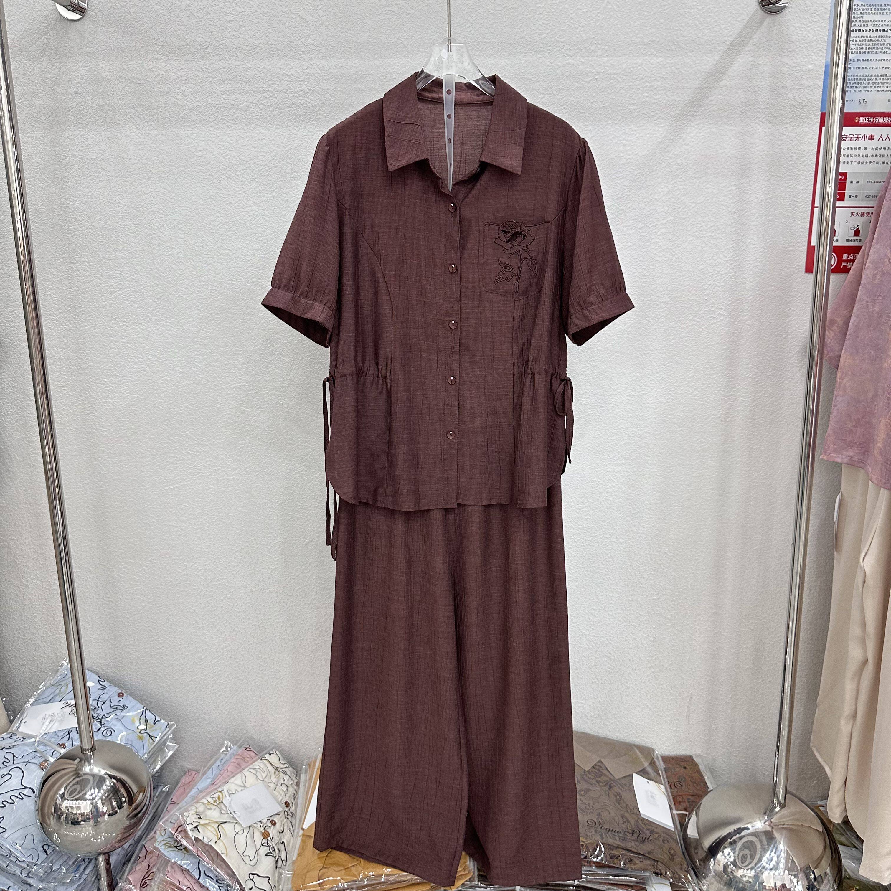 鑫依秀专柜正品2026新款夏季女装翻领短袖上衣+裤子妈妈装两件套
