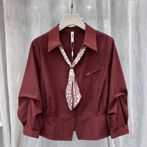 F12专柜正品新款秋季女装翻领宽松休闲遮肚显瘦衬衫上衣带丝巾12