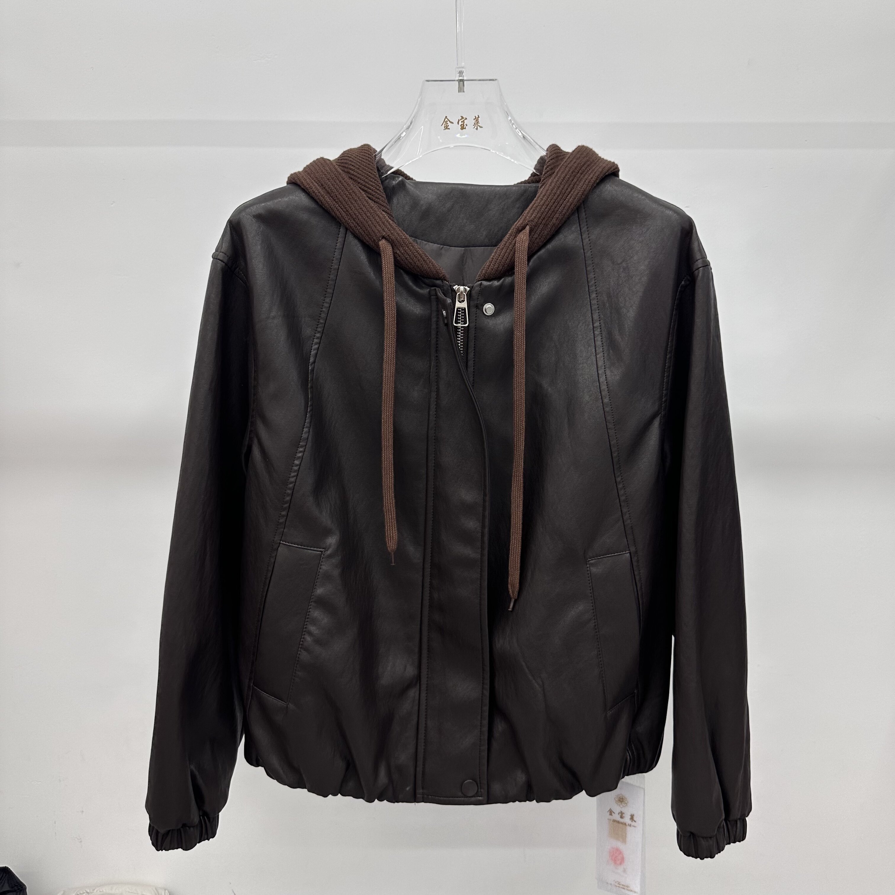 金宝莱W07专柜正品新款秋季女装连帽宽松休闲遮肚妈妈装皮衣外套