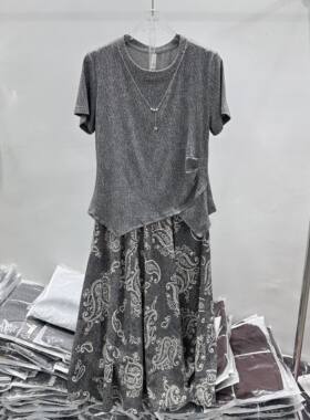 26A922专柜正品新款夏季女装时尚圆领短袖上衣+裙子妈妈装两件套
