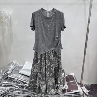 26A922专柜正品新款夏季女装时尚圆领短袖上衣+裙子妈妈装两件套