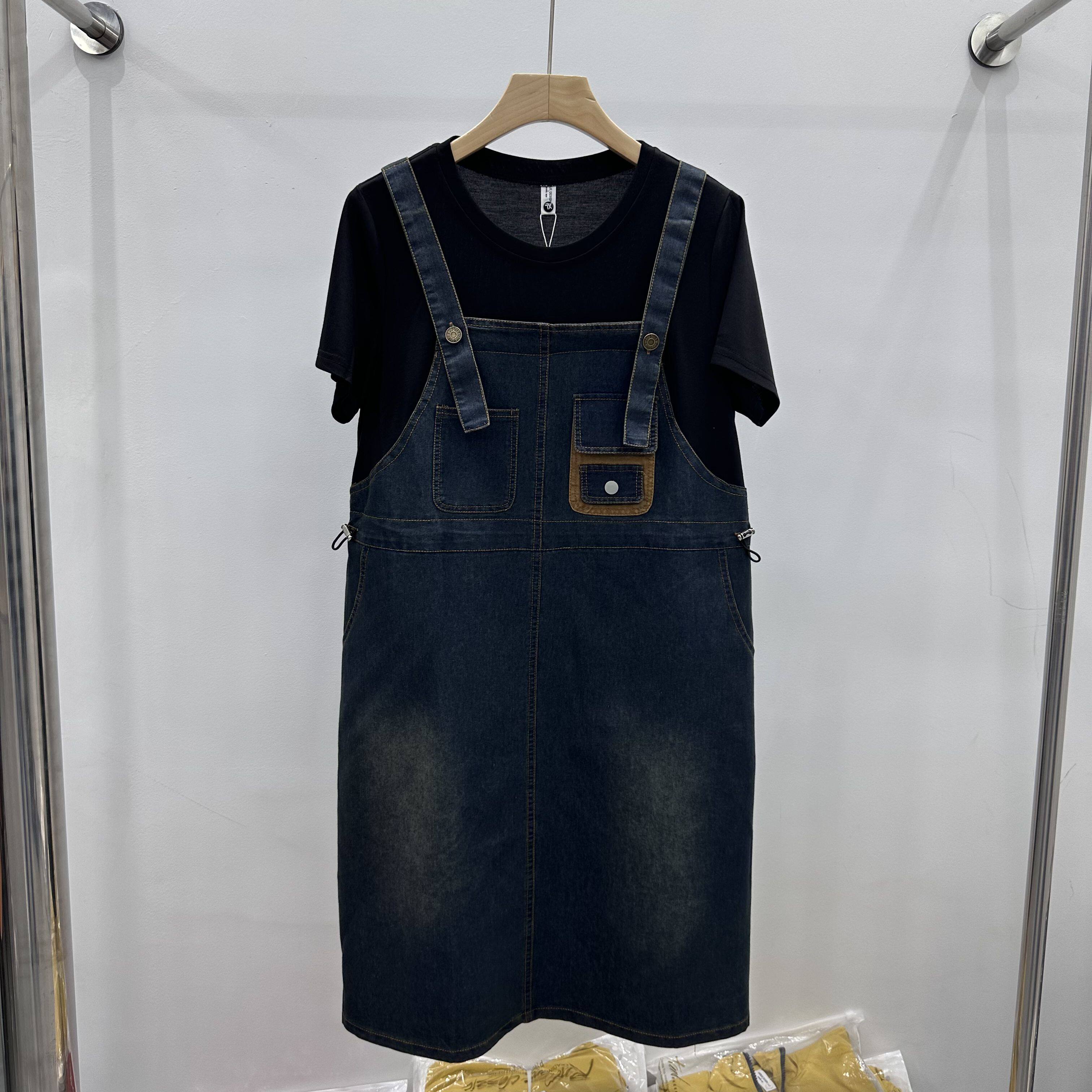 25A903专柜正品夏季新款显瘦妈妈装牛仔拼接假两件连衣裙AA