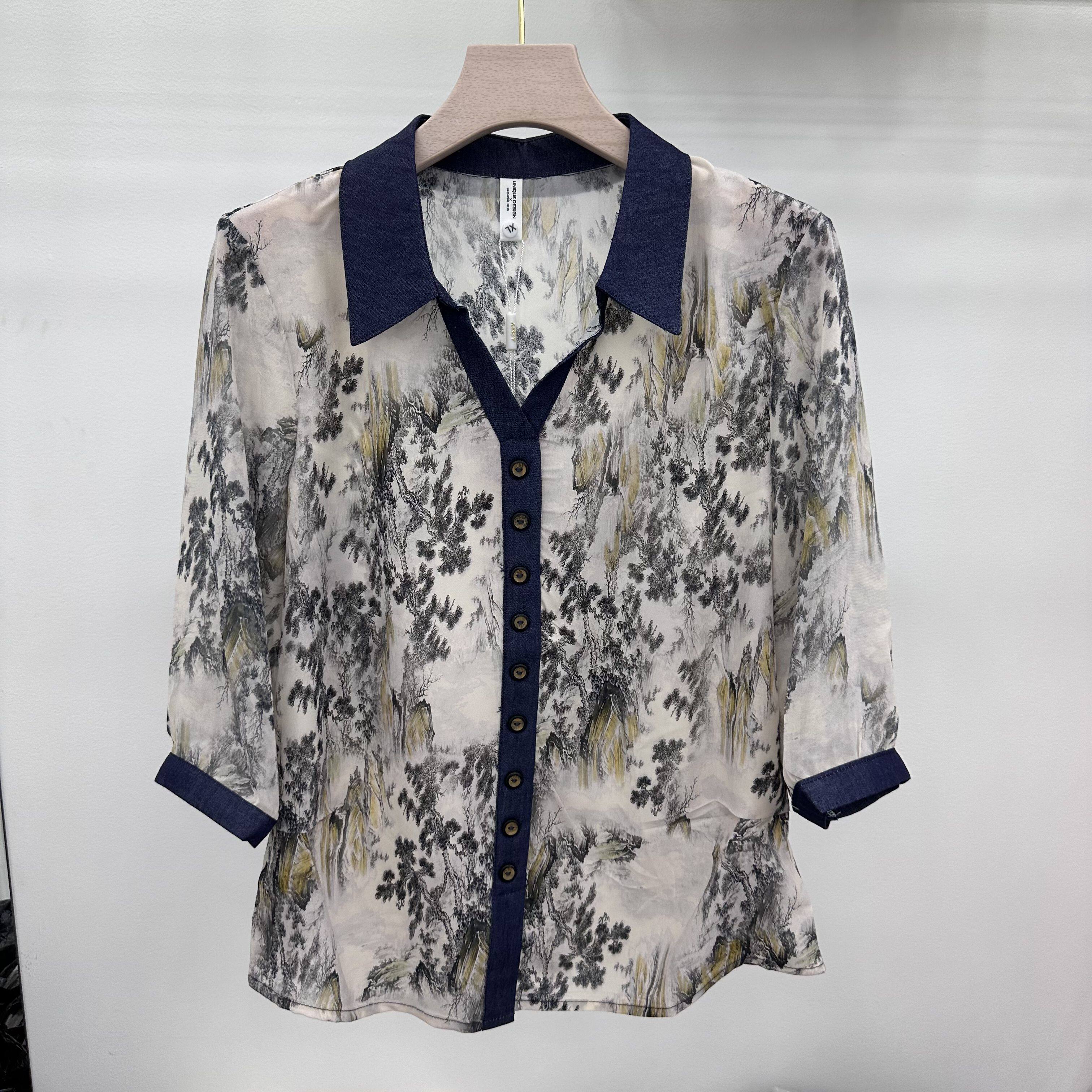 716专柜正品新款夏季女装时尚翻领套头七分袖单层透气雪纺衫上衣