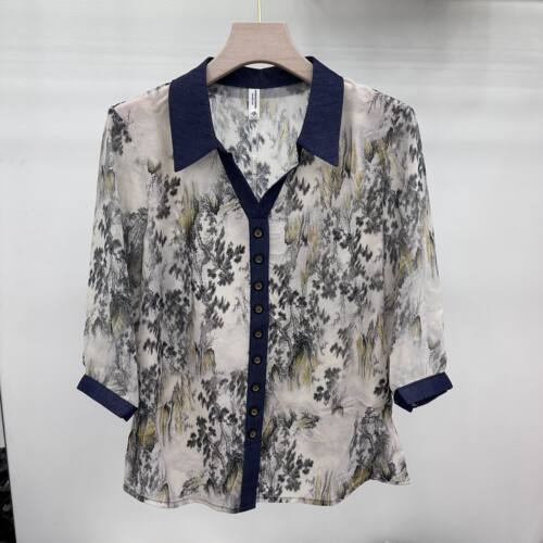 716专柜正品新款夏季女装翻领套头七分袖单层透气雪纺衫上衣AA