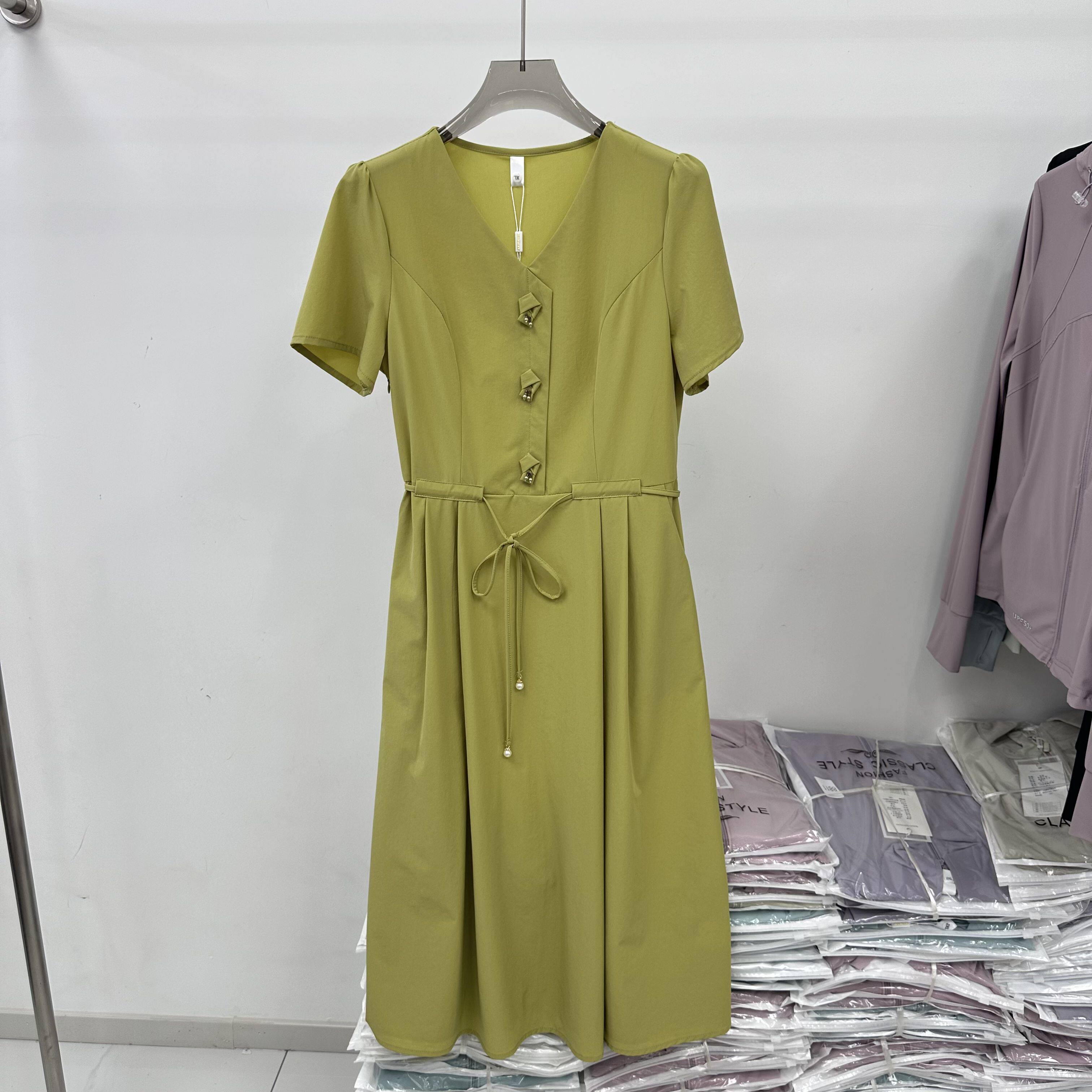 A8823专柜正品新款夏季女装时尚短袖V领中长系腰修身显瘦连衣裙23
