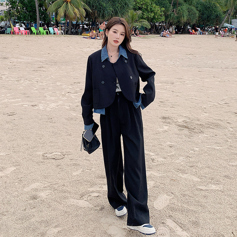 牛仔拼接假两件西装套装女2025春季新款韩版设计感小众休闲两件套,女装套装/套裙,浙宝266