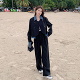 牛仔拼接假两件西装套装女2025春季新款韩版设计感小众休闲两件套，女装套装/套裙，浙宝266