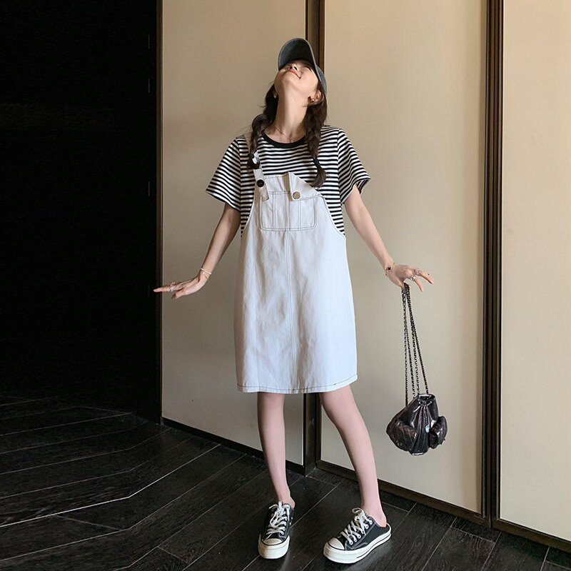 长裙短袖拼接夏季挂脖式连衣裙条纹假两件减龄网红,女装连衣裙,浙宝266