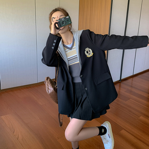 黑色假两件连帽西装外套女2025春秋季新款学院风时尚拼接休闲西服,女装西装,浙宝266