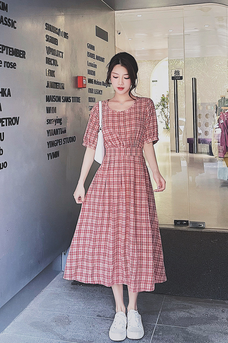 现货2021新红格撞色腰带后背镂空连衣裙266-6661-P85K138,女装连衣裙,浙宝266