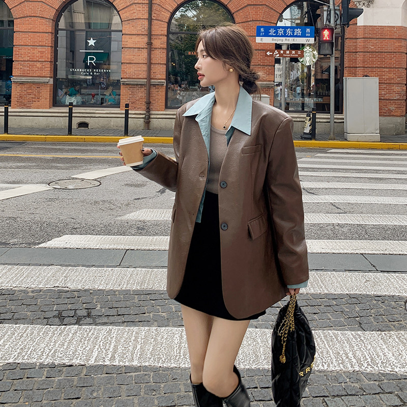 假两件拼接皮衣外套女2025春秋新款美拉德穿搭复古气质时尚小西装,女装西装,浙宝266