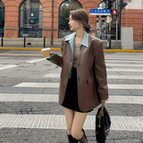 假两件拼接皮衣外套女2025春秋新款美拉德穿搭复古气质时尚小西装，女装西装，浙宝266