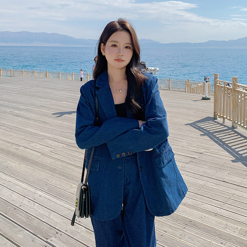 复古蓝色牛仔西装套装女2025秋季新款高级感休闲外套阔腿裤两件套,女装套装/套裙,浙宝266