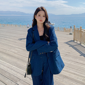 复古蓝色牛仔西装套装女2025秋季新款高级感休闲外套阔腿裤两件套图片