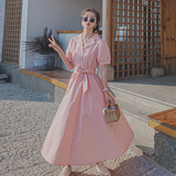 2021新款特色后背镂空西装领腰带连衣裙266-6635-P100K158，女装连衣裙，浙宝266