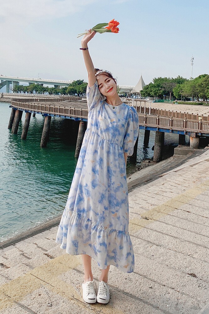 档口现货网红夏季定制扎染面料腰带连衣裙266-6658,女装连衣裙,浙宝266