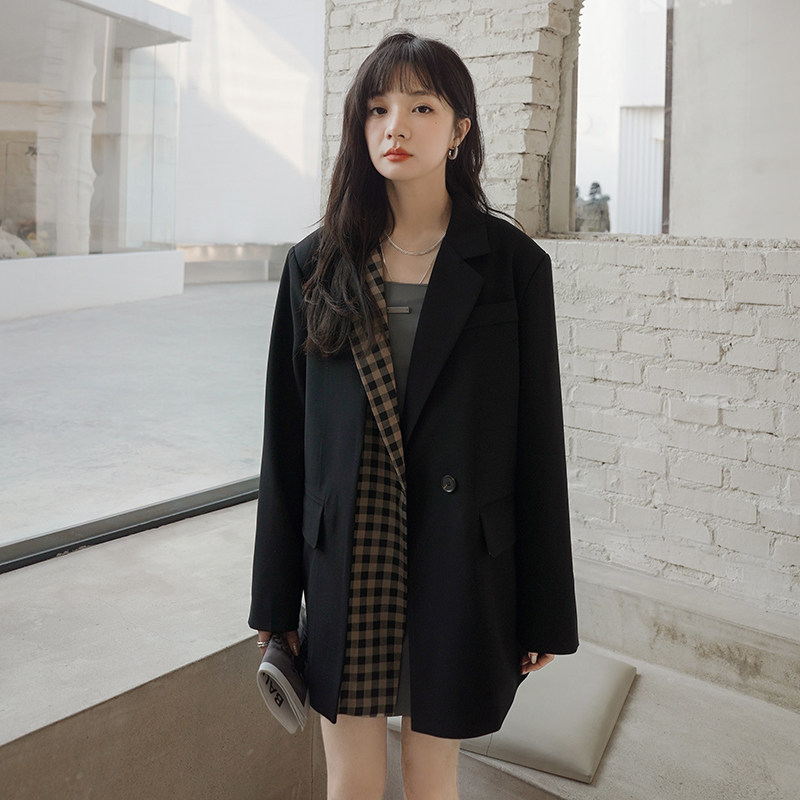 2025春秋新款韩版小个子设计感西服假两件格纹拼接西装外套女ins,女装西装,浙宝266