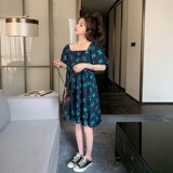 大货已出法式方领泡泡袖藏青色碎花连衣裙266-2336-P95K148，女装连衣裙，浙宝266