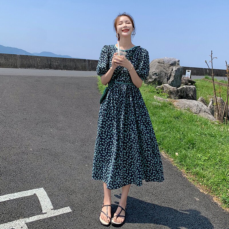 法式茶歇绿色泡泡袖碎花连衣裙女春夏2025新款小清新甜美初恋长裙,女装连衣裙,浙宝266