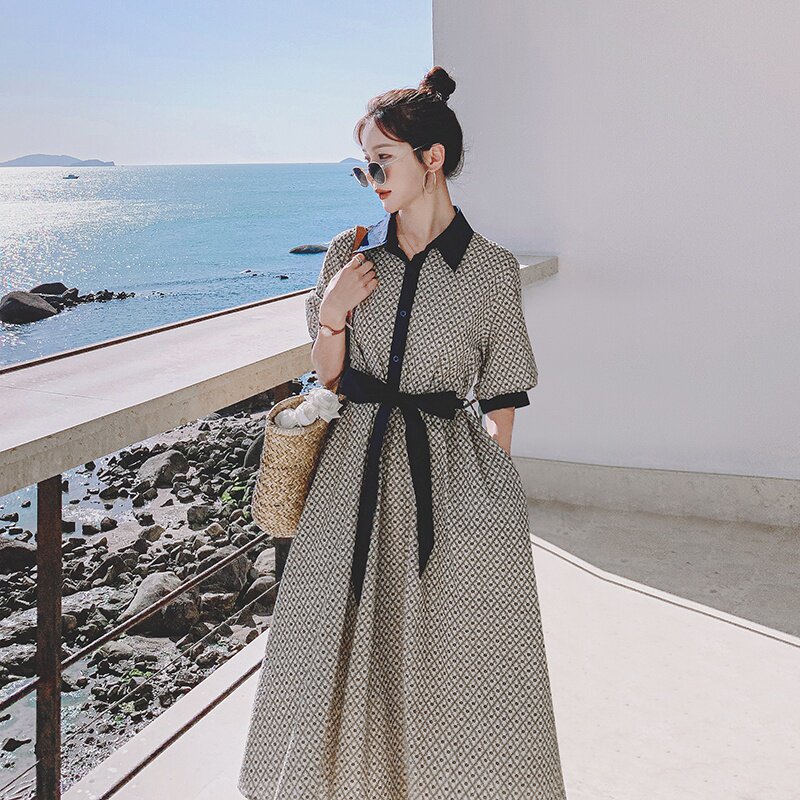 法式复古黄色格子衬衫连衣裙女春夏收腰2025年新款显瘦设计感长裙,女装连衣裙,浙宝266