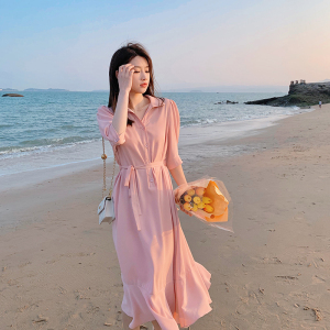 档口现货 2021新款 粉色腰带鱼尾连衣裙266-6667-P85K138图片