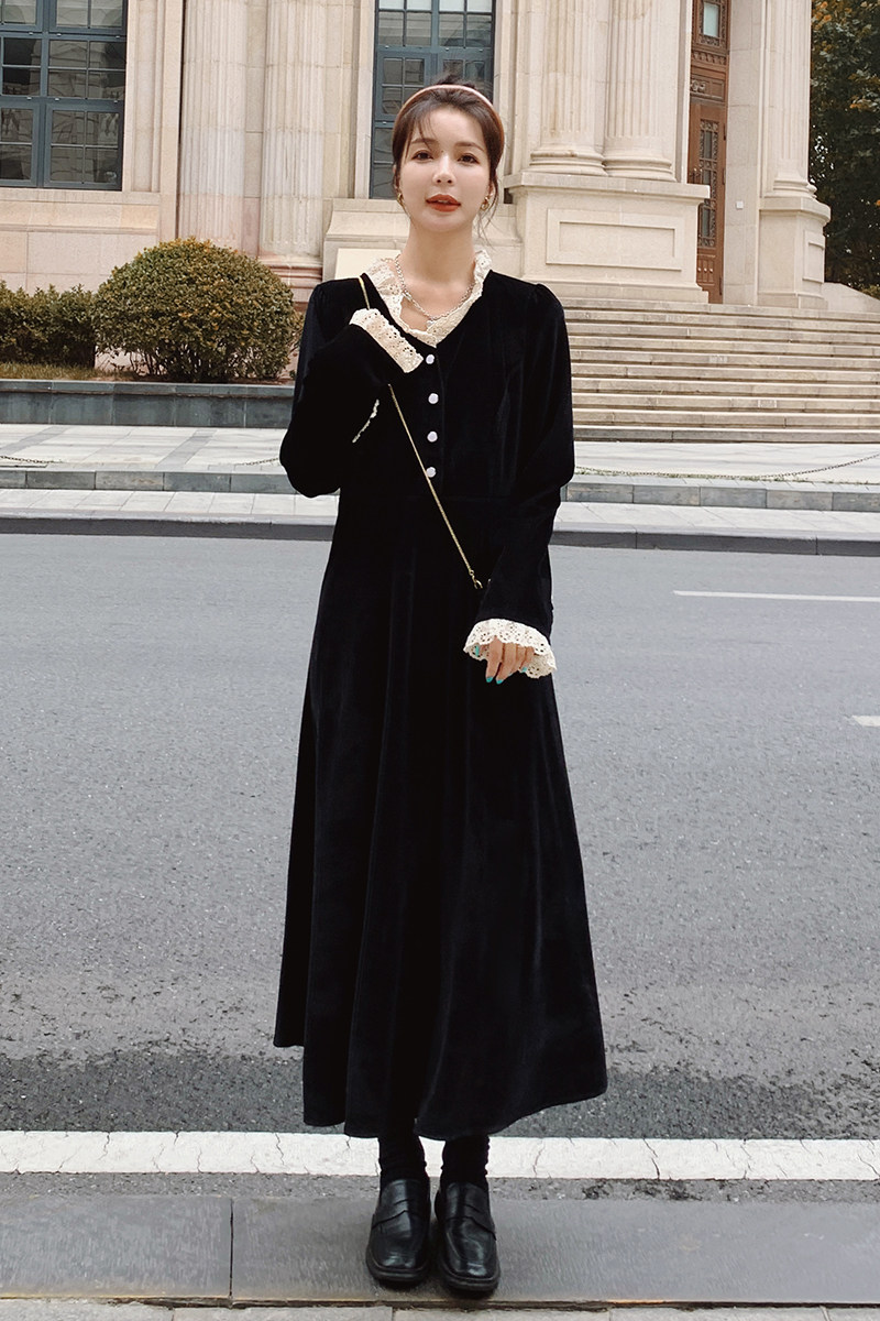 档口现货蕾丝花边金丝绒竖条连衣裙266-6685,女装连衣裙,浙宝266