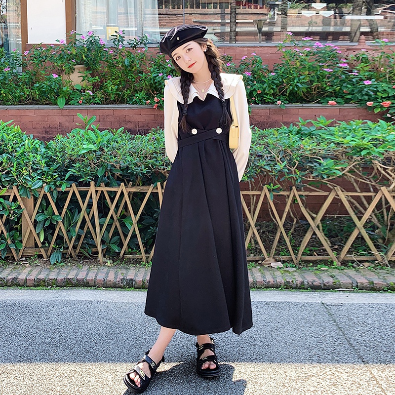 法式小众娃娃领撞色连衣裙女春秋2025新款春装设计感交叉腰长裙冬，女装连衣裙，浙宝266