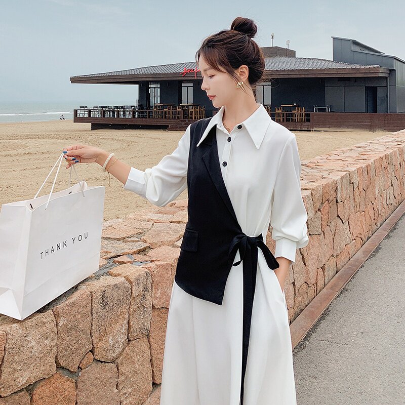 档口现货撞色假两件连衣裙西装面料品质好266-6686,女装连衣裙,浙宝266