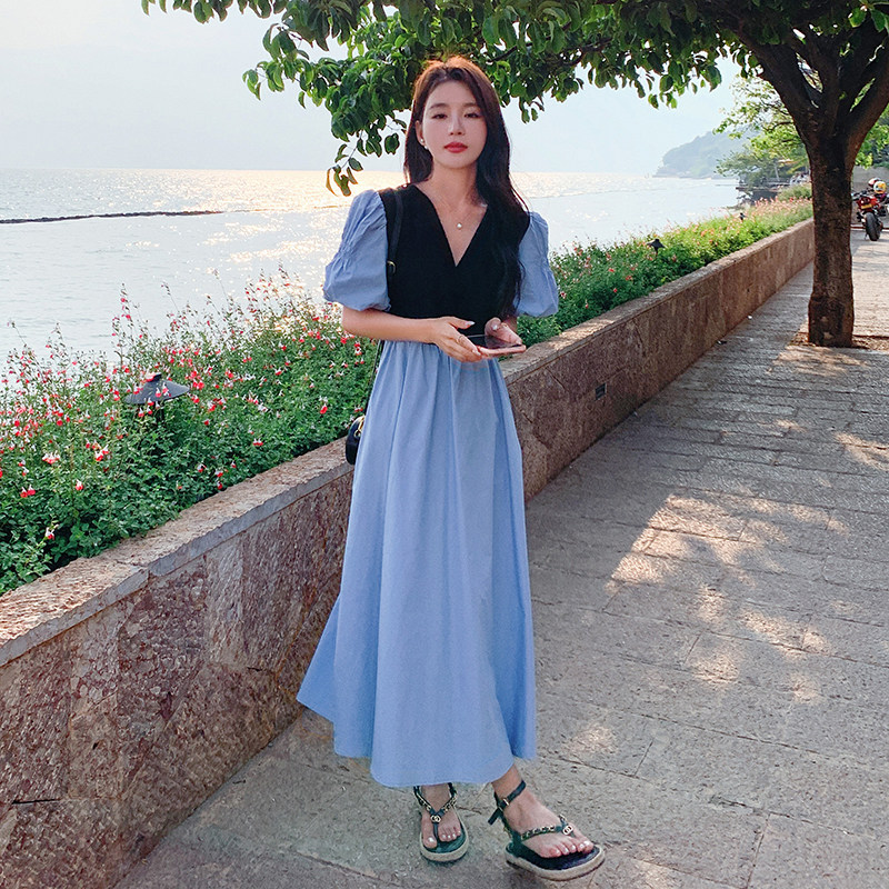 档口现货蓝黑撞色拼接假两件连衣裙266-2339-P105K158,女装连衣裙,浙宝266