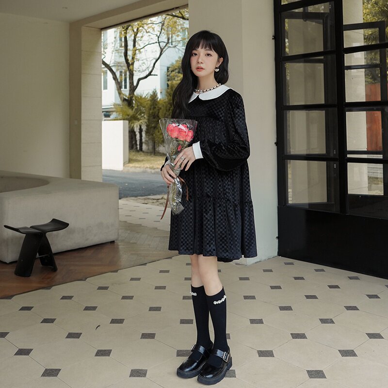 档口现货撞色娃娃领棋盘格丝绒连衣裙266--2265,女装连衣裙,浙宝266