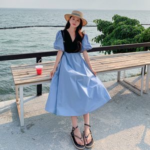 27号出货 主推 蓝黑撞色拼接假两件连衣裙266-2239-P105K158,女装连衣裙,浙宝266