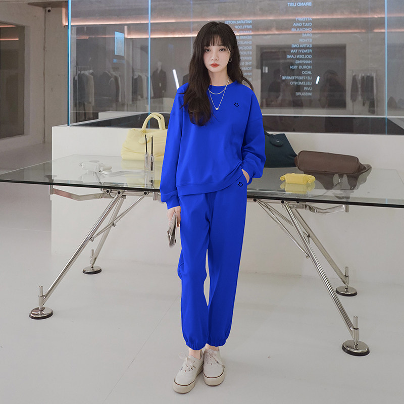 档口现货克莱因蓝两色笑脸刺绣卫衣套装266-2215,女装运动套装,浙宝266