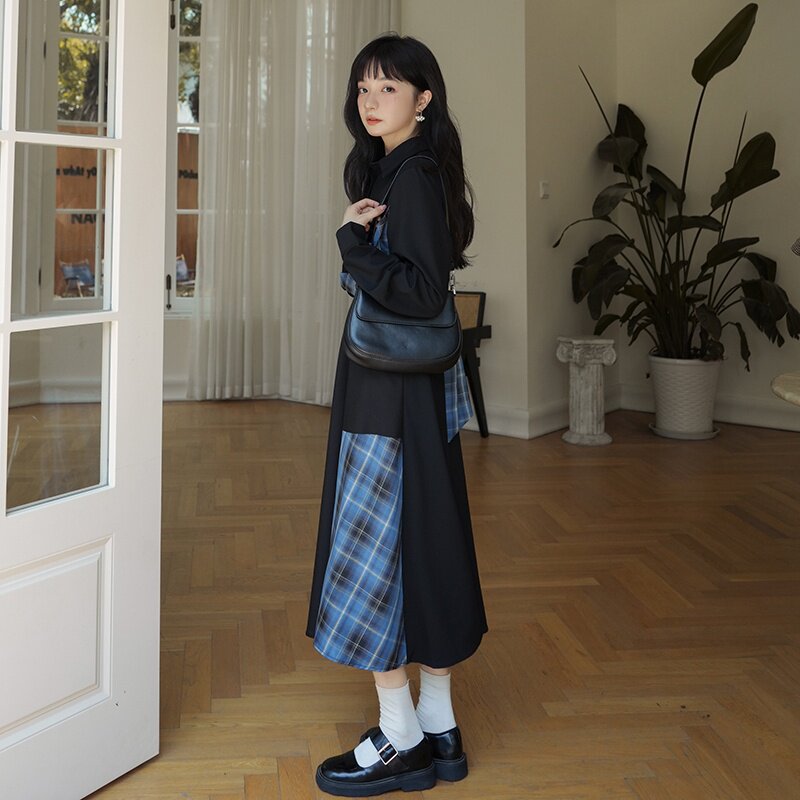 设计感小众不规则法式长袖连衣裙女春秋新款显瘦束腰格子大摆长裙,女装连衣裙,浙宝266