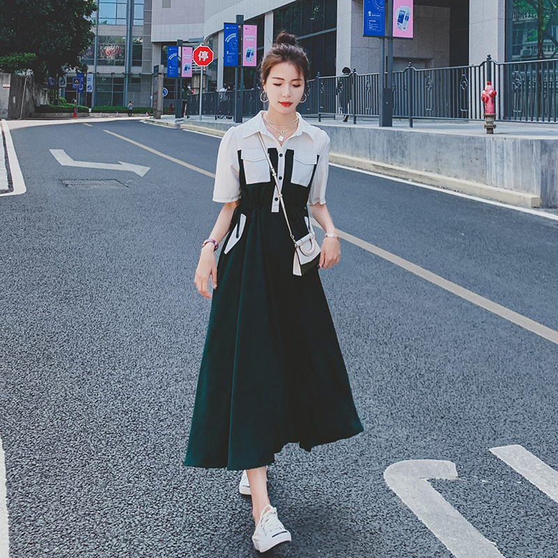 大货出2021新款撞色拼接收腰假两件连衣裙266-6659-P105K158,女装连衣裙,浙宝266