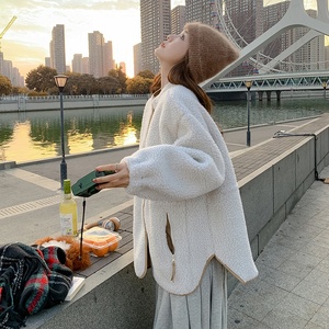 米白色设计感颗粒绒羊羔毛短款棉服外套女小个子宽松加厚棉衣棉袄图片