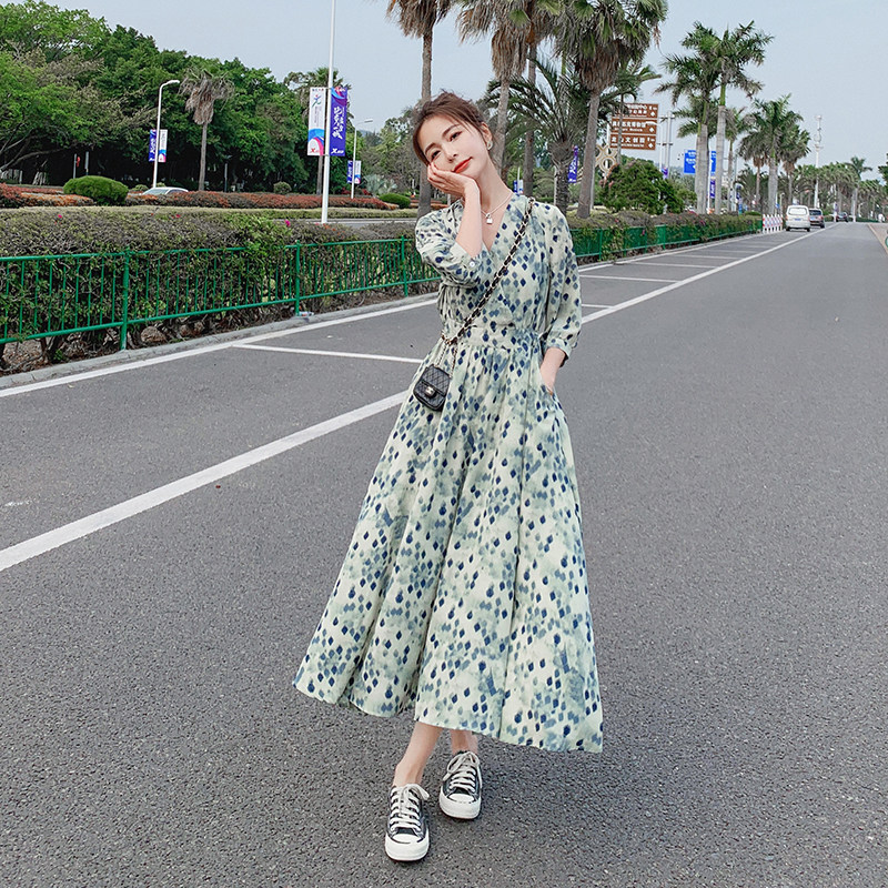 扎染碎花连衣裙女夏韩版收腰显瘦气质轻熟风御姐小清新法式长裙,女装连衣裙,浙宝266